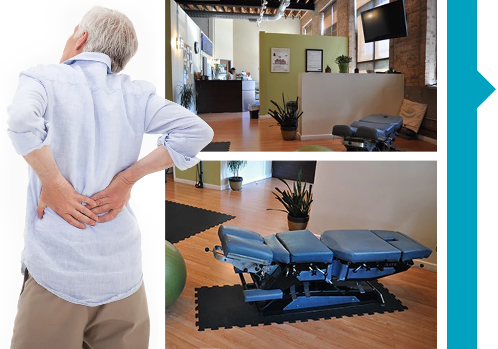 Person holding lower back beside clinic interior and chiropractic treatment table in a collage layout.