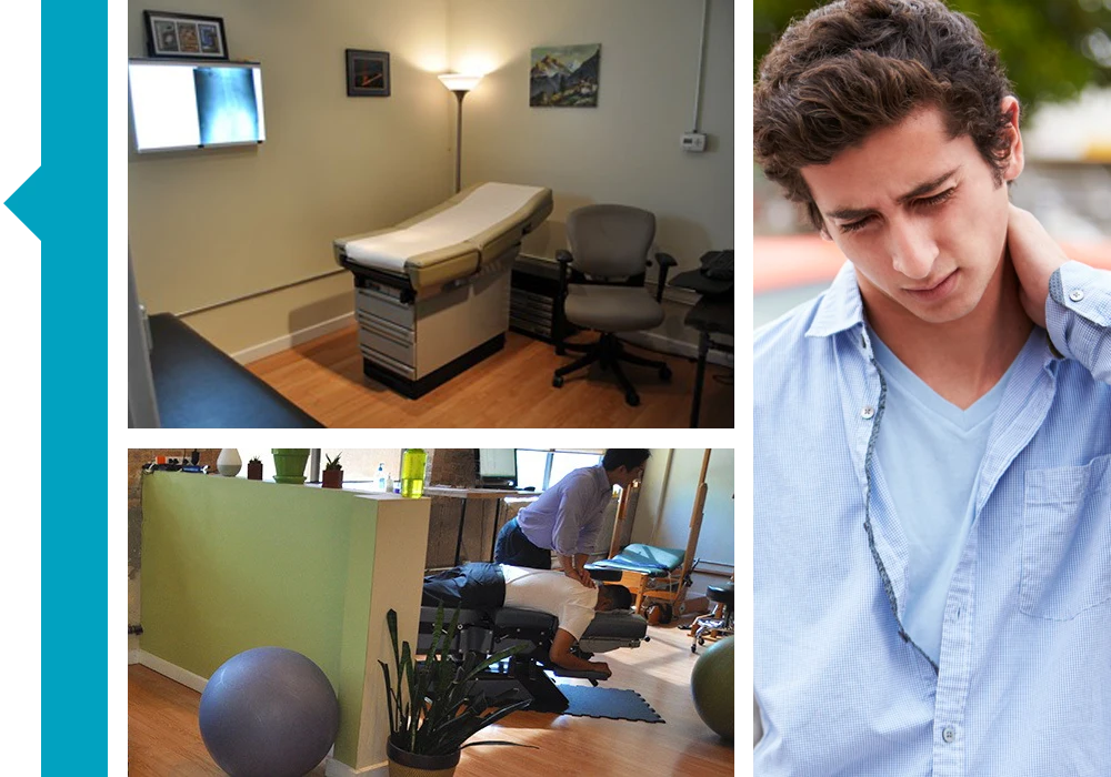 Examination room, chiropractic adjustment session, and person holding neck in a three-panel clinic collage.